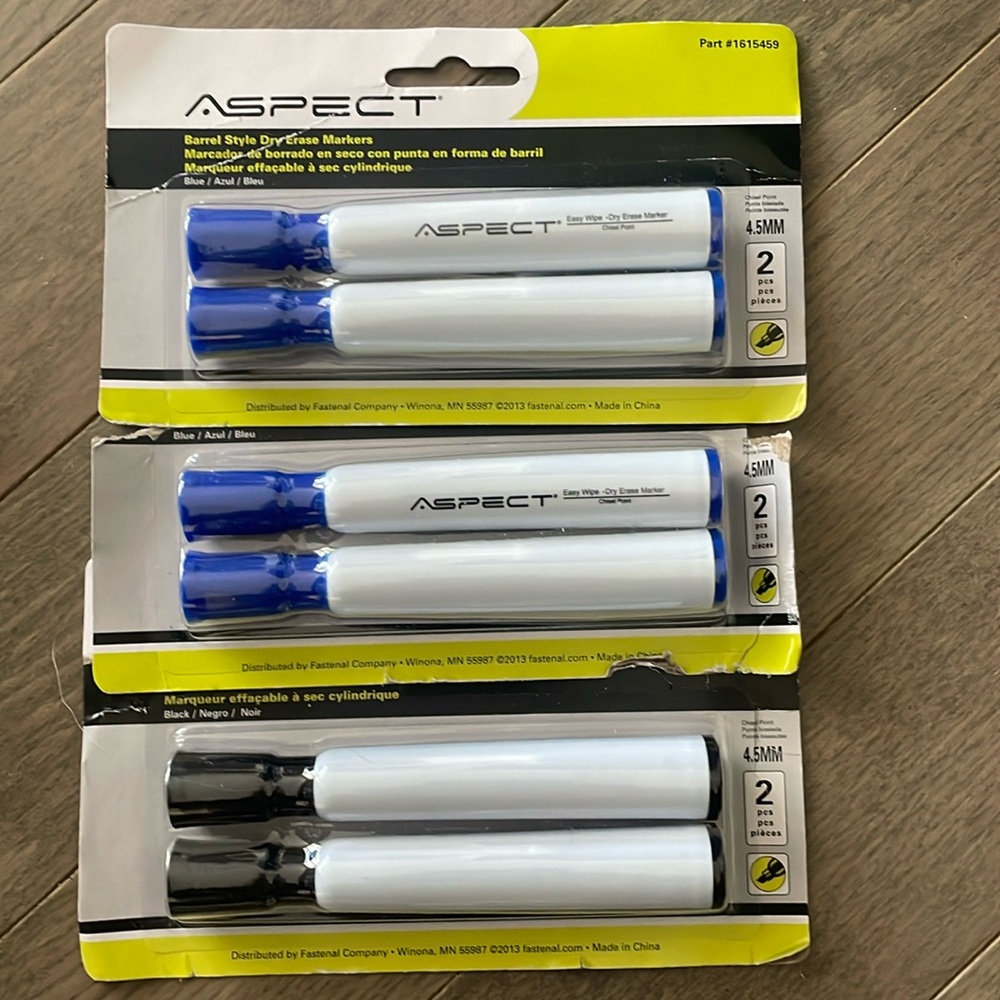 Aspect Barrel Style Dry Erase Markers 6 Pack Chisel Point 4.5mm Black Blue